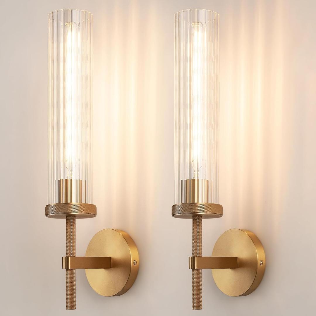19.5" Knurled Brass Wall Sconces Set of 2, Gold Bathroom Vanity Light Fixtures with Vertical Striped Glass Tube, Modern Lamp Lighting for Bedroom, Living Room, Hallway, Staircase, Mirror, Kitchen