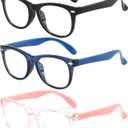 Kids Blue Light Blocking Glasses 3 Pack Fanngo Kids Computer Reading Glasses for Boys And Girls Age 3-9 (Black + Dark blue + Light powder)