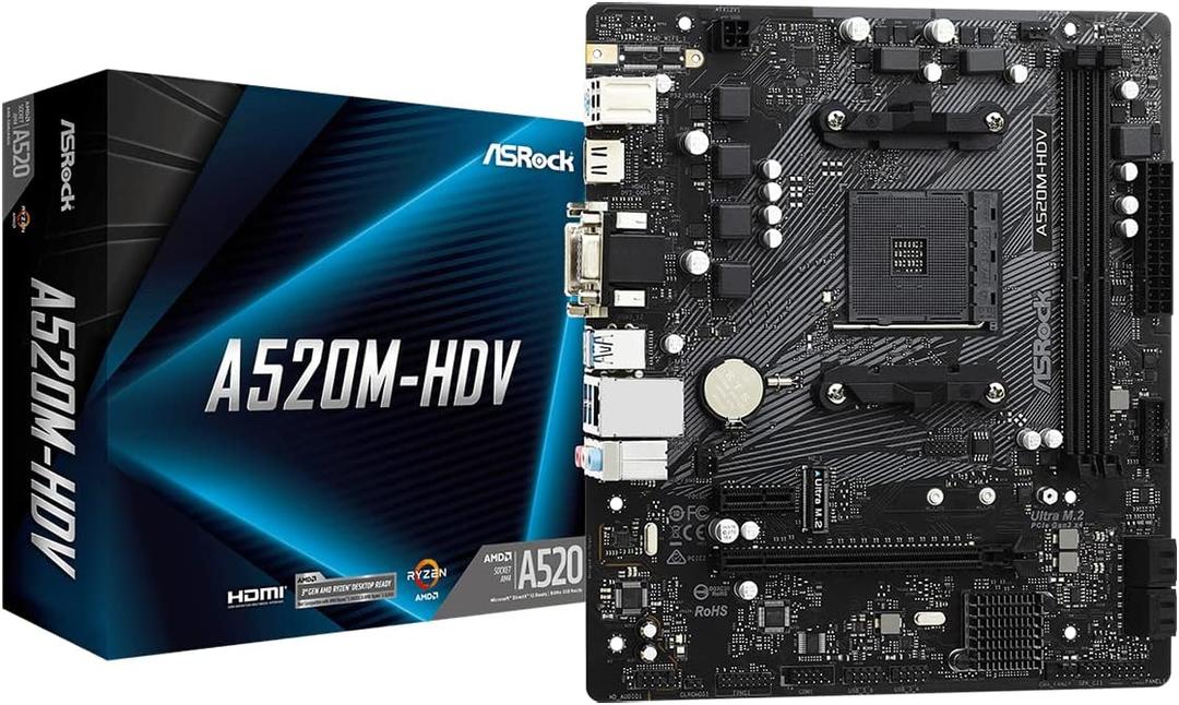 ASRock A520M-HDV Supports AMD AM4 Socket Ryzen 3000, 4000 G-Series and 5000 and 5000 G-Series Desktop Processors Motherboard, 32 GB memory storage