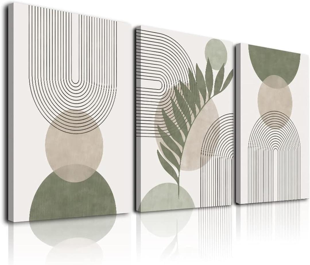 Sage Green Boho Wall Art Set of 3, Minimalist Framed Wall Art Geometric Line Leaf Sun Moon Beige Green Canvas Artwork Paintings, Abstract Botanical Boho Room Decor, Sage Green Wall Posters & Prints