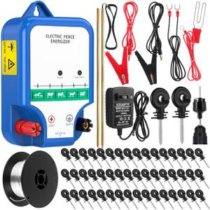 8-Mile Electric Fence for Preventing Animals Intruding, 12000V 2Joule Electric Fence Charger Kit for Livestock Control, 50 Insulator, Socket Tool, 250ft Aluminum Wire(Classic Ver.,Blue)