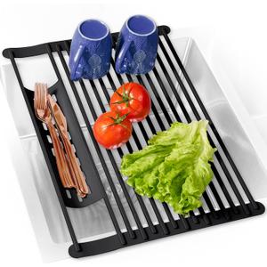 BELLE TERRE Multipurpose Roll-Up Dish Drying Rack - Silicone Wrapped, Heat-Resistant, Anti-Slip - Perfect for Small Kitchen Sink, 17" x 13" (Midnight Black)