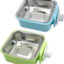 kathson Crate Dog Bowl, Removable Stainless Steel Hanging Pet Kennel Cage Bowl Food & Water Feeder Coop Cup for Puppy, Cat, Rabbit, Guinea Pigs 2pcs Small Square(Blue, Green)