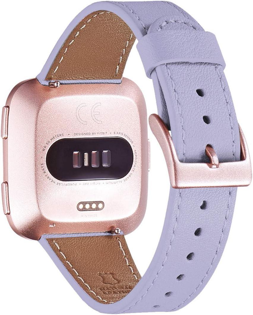WFEAGL Leather Band for Fitbit Versa - Top Grain Leather Replacement Strap with Lilac Band and Rosegold Buckle