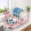 SNTD Dish Drying Rack, Expandable Dish Rack for Kitchen Counter, Stainless Steel Dish Drainer with Drainboard Set and Utensil Holder (Pink)