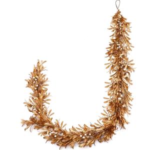 Dingion 6 Ft Christmas Gold Leaf Garland Artificial Boxwood Leaf Garland with Pearl White Berry for Christmas Fireplace Front Door Stairs Decoration Winter Engagement Birthday Wedding Party Supplies
