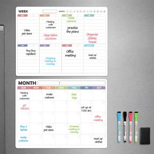 Magnetic Dry Erase Calendar Set  14x11 Monthly & Weekly Planners for Refrigerator  Stain-Resistant Surface with Markers & Magnetic Board Eraser (2PCS, white)