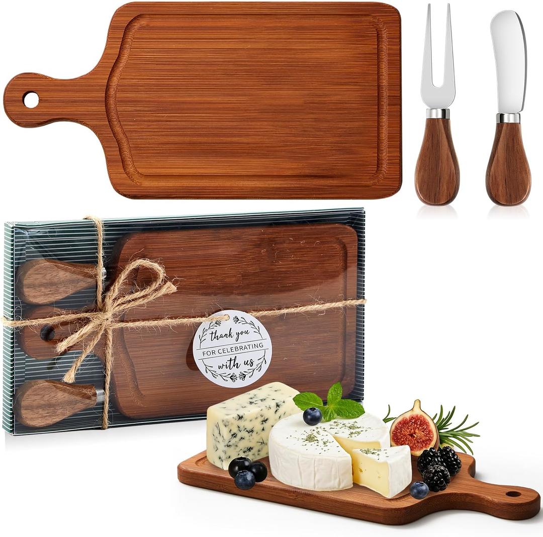 Ziliny 1 Set Bridal Baby Shower Cheese Prizes Wooden Square Board Gift Set Knives Forks Thank You Tags with Box for Guests for Valentines Bridal Baby Shower Housewarming (Walnut Wood)