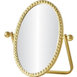 Vintage Vanity Table Mirror, Desk Makeup Mirror Metal Framed with Stand, Gold Oval Retro Mirrors 360 Adjustable Rotation for Tabletop, Bedroom, Bathroom, Living Room, Antique 10.8'' x 7''