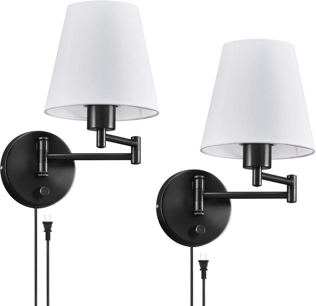 VONLUCE Wall Sconce Set of 2, Plug in & Hardwired Swing Arm Wall Lamps, Adjustable Wall Mounted Lighting Fixtures, Modern Wall Lights with Black Base White Fabric Shade for Bedside, Hallway, Study (Swing Arm of 2 Pack, Black)