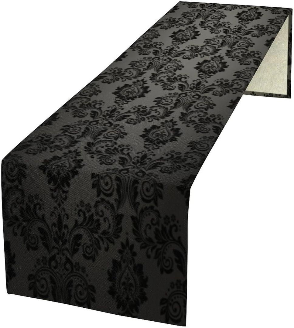 Black Damask Table Runner, Vintage Gothic Floral Exotic Bohemian Antique Victorian Baroque Dinner Runner for Farmhouse Party Holiday Home Kitchen Dining Table Decor 13"x70"
