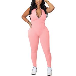 chicyes Women's Bodycon Jumpsuits Sleeveless Ribbed Zipper Sexy One Piece Pants Rompers Summer Outfits Pink (Pink, S)
