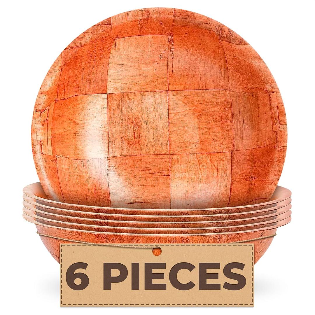 6 Pack Wooden Salad Bowls - 8"Wx2"H Holiday Wooden Salad Bowl Set for Pasta, Fruit or Side Dishes, Glossy & Easy to Clean Surface, for Party Dinners, Brunches, Weddings, Great as Easter Gift for Hosts