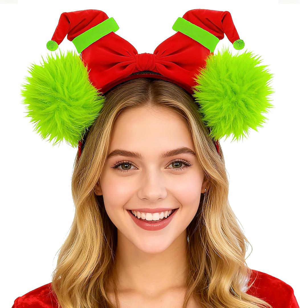 QLINLEAF Green Furry Headband Christmas Hat Headband with Christmas Green Furry Mouse Ears Headbands for Women Girls