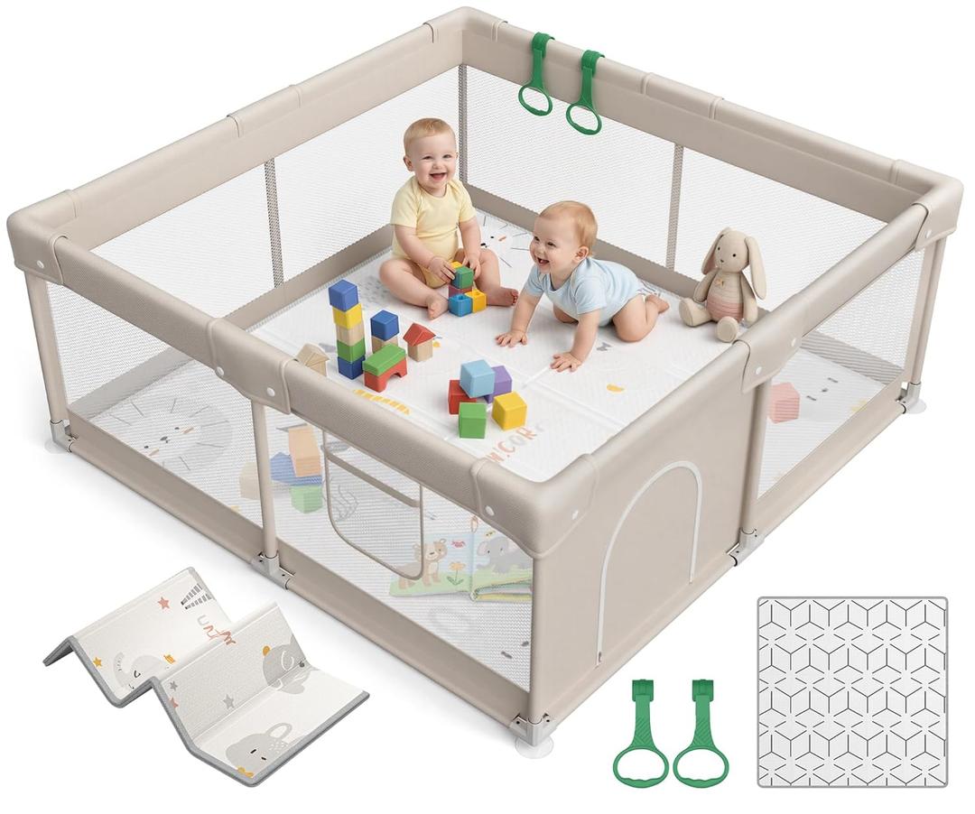 47x47in Baby Playpen with mat, Play Yard for Babies Toddlers, Grey, Medium