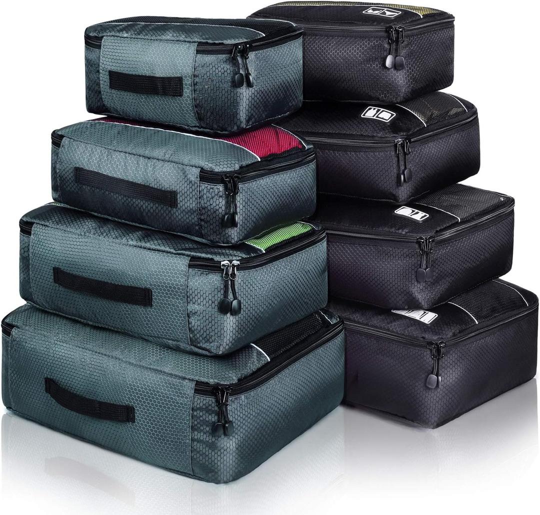 Packing Cubes Luggage Bags Organizer Durable Travel Accessories With Clothing Label (8 set - Black/Grey)