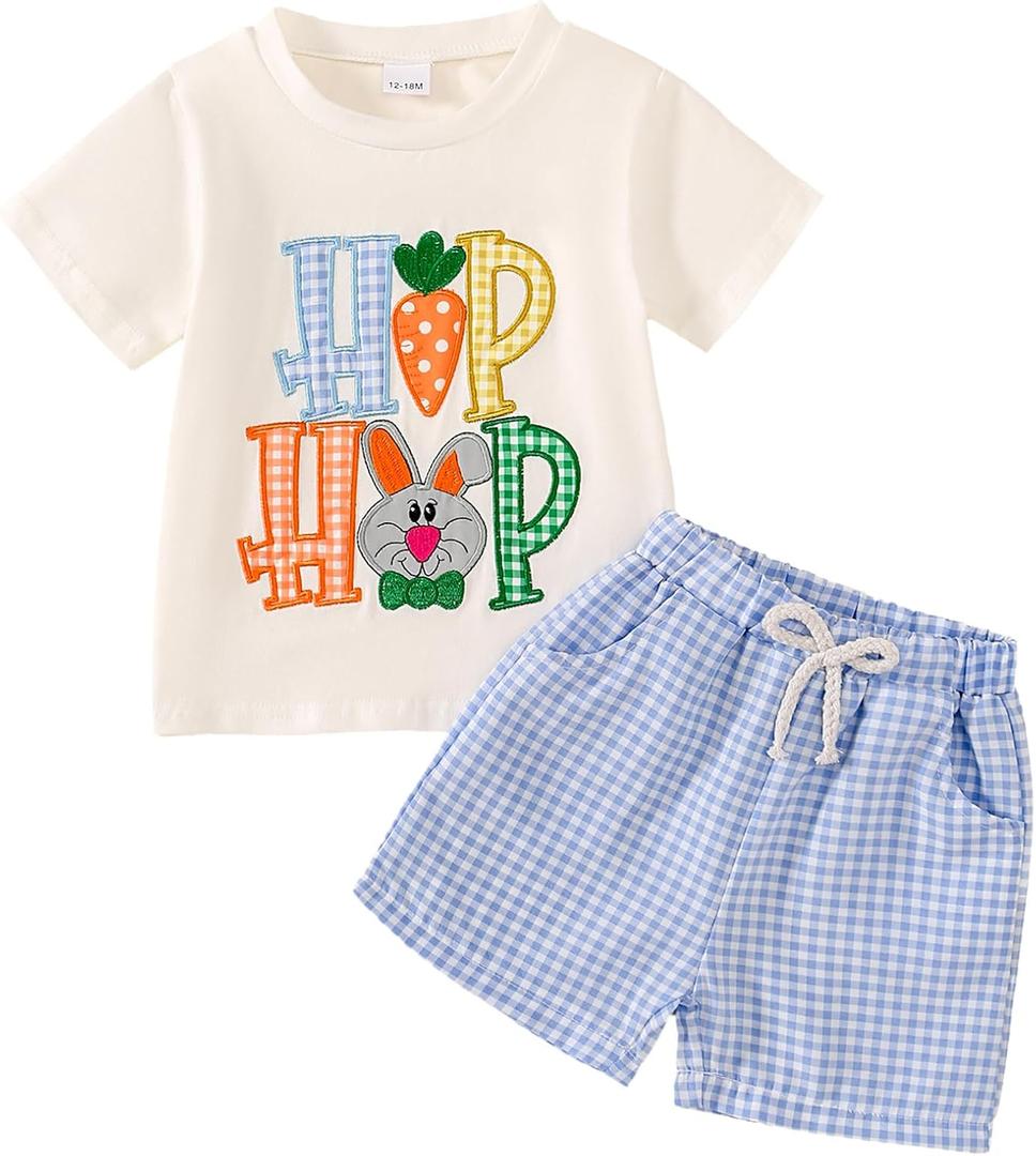 Toddler Baby Boy Easter Outfit Embroidered Bunny/Carrot T-shirt Top+Striped Pants 2PC Clothes (12-18 Months, Blue)