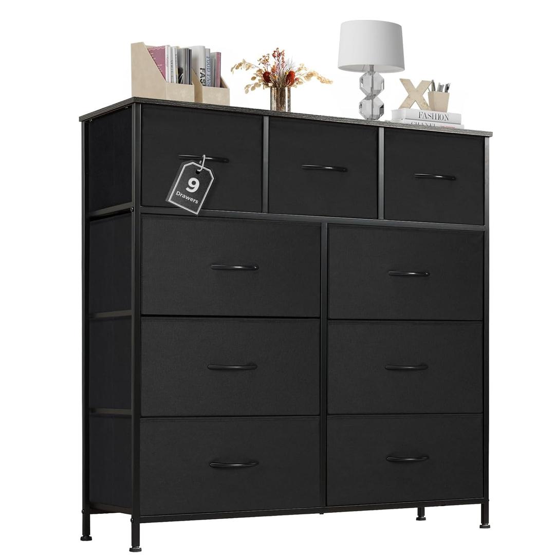 Dresser for Bedroom with 9 Drawers, Anti-Tip Tall Fabric Chests Storage Organizer Tower Furniture with Wooden Top Metal Frame for Clothes, Closet, Living Room, Hallway, Entryway (Black)