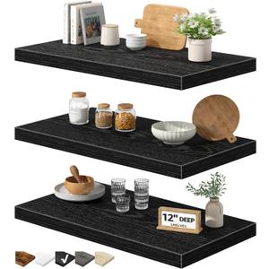 QEEIG 12" Deep Floating Shelves for Wall - 12 x 24 inch Book Shelf Bathroom Bedroom Kitchen Living Room Hanging Bookshelf Farmhouse Set of 3, Black (026-60B3)