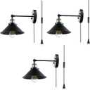 LABOREDUCER Plug in Wall Sconces Set of 3, Industrial Wall Lights with Swing Arm, Vintage Plug in Wall Lamps with Cord, Black Sconces Wall Lighting for Bedroom, Living Room(Bulbs NOT Included)