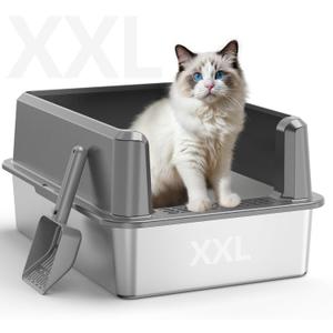 WoofiGo Enclosed Stainless Steel Cat Litter Box with Lid, XL Extra Large Litter Box for Big Cats, Metal Litter Pan High Sided, Never Absorbs Odors, Anti-Urine Leakage, Include Scoop (65-LightGray)