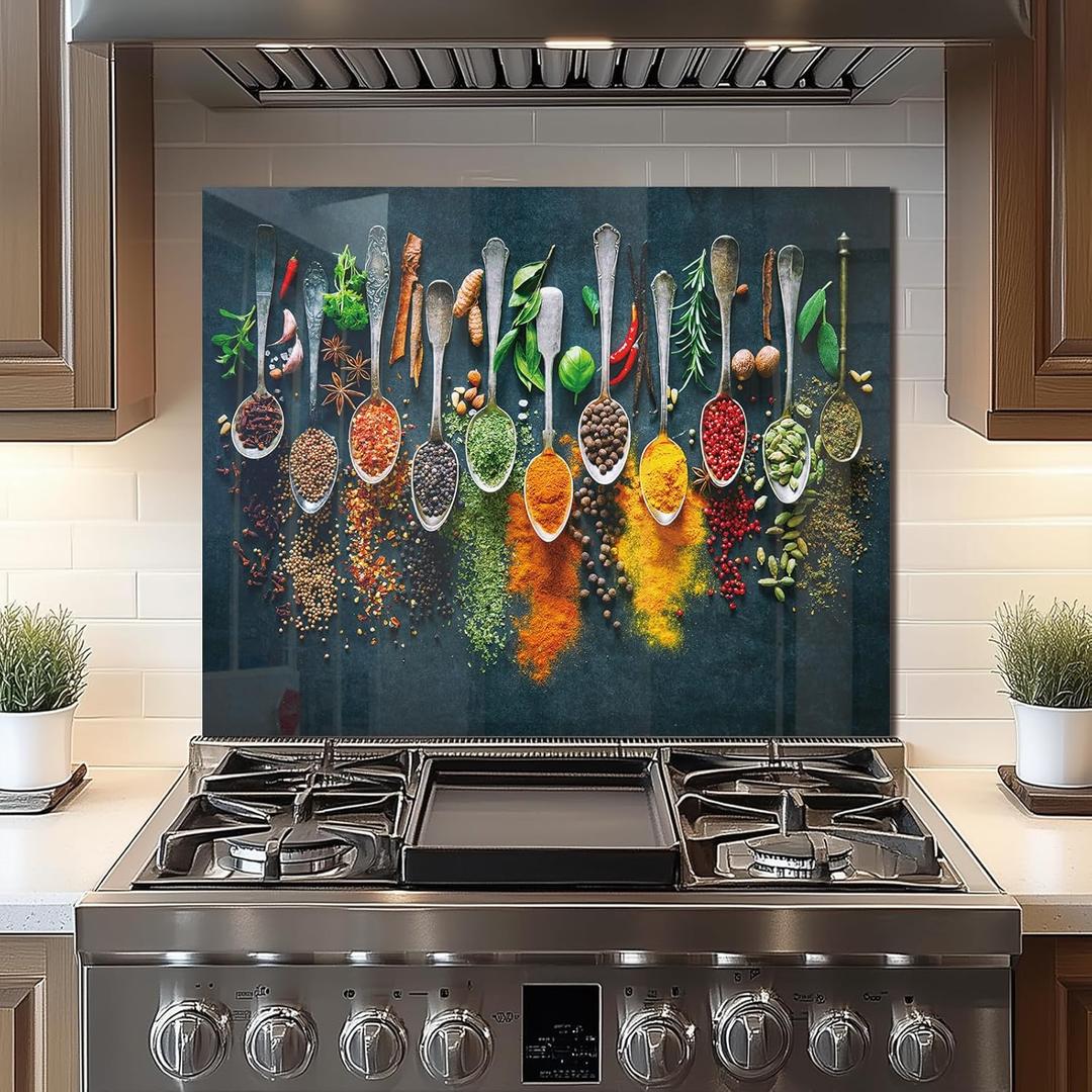 DAIFURONGE Spice Tempered Glass Backsplash For Kitchen Behind Stove,Stove Backsplash Top Cover,Easy to Clean Glass Splashback, Sink Cover Splash Guard,Home Kitchen Wall Decor (30"x24"(76.2x60.96cm))