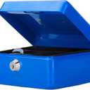 Small Cash Box with Key Lock, Decaller Portable Metal Money Box with Double Layer & 2 Keys for Security, Blue, 6 1/5" x 5" x 3", QH1502XS