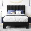 Twin Size Bed Frame with Adjustable Tufted Headboard  Velvet Upholstered Platform Bed, Sturdy Frame & Slats, No Box Spring Needed, Noise-Free, Easy Assembly (Black, Twin)