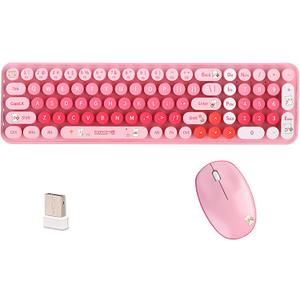 Wireless Keyboard and Mouse Combo - 2.4G Full-Sized Cute Colorful Retro Keyboard with Round Keycaps 104 Keys Typewriter Keyboard for Laptop/Windows/PC-Pink Colorful