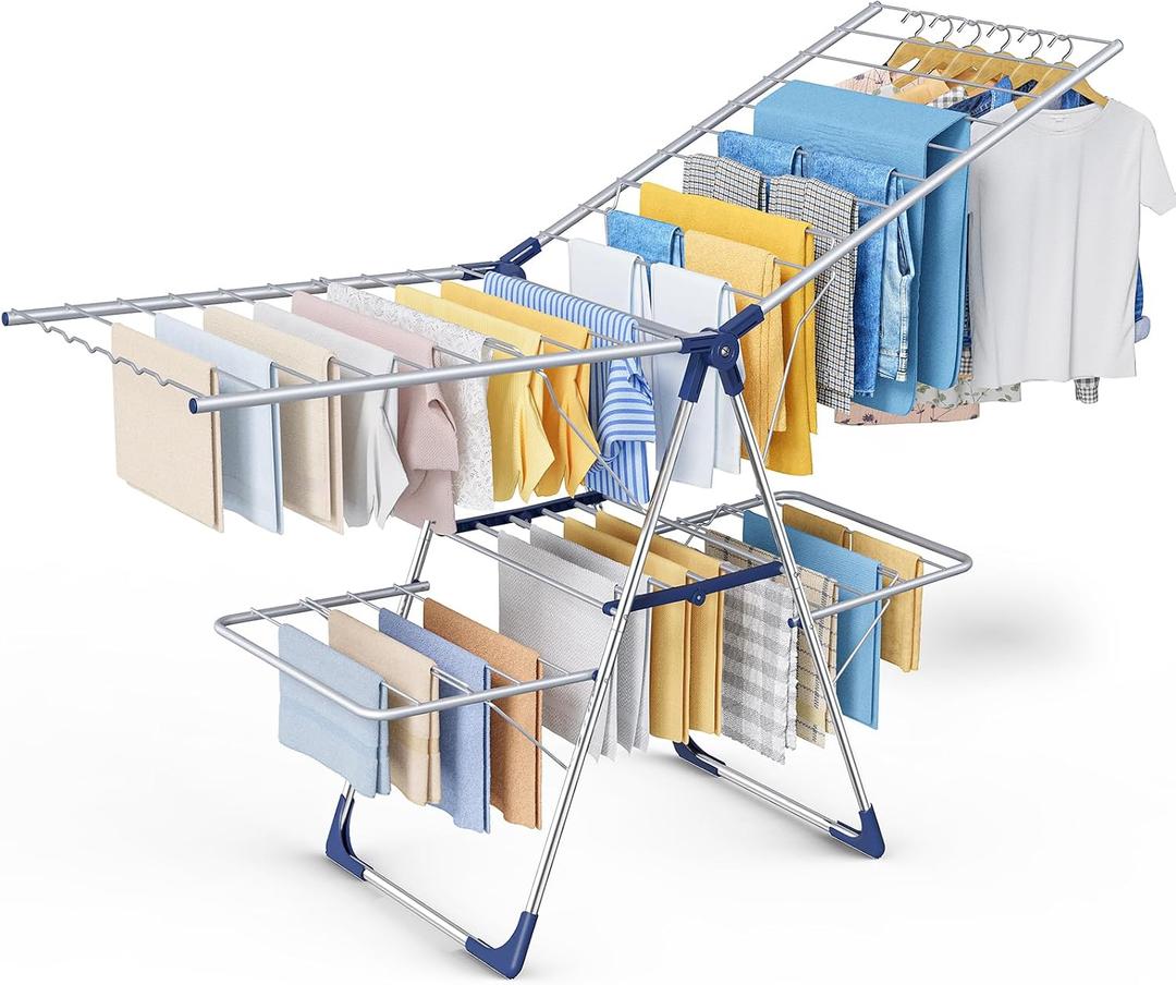Sakugi Clothes Drying Rack, Foldable 2-Level with 70" Adjustable Wings, X-Large