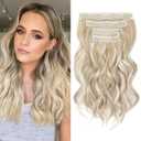REECHO Hair Extensions - 4PCS 14" Short Beach Wavy Clip-in Hairpieces With Invisible Lace Weft - Natural Soft for Women - Ash Blonde With Highlights