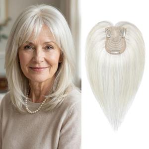 SEIKEA Hair Toppers for Women Real Human Hair with Wispy Bangs, 10" Ultra-light Breathable Hairpiece for 3.5''x2.7'' Mild Thinning Hair, Hand-Tied Scalp Hairpieces for Daily Wear & Gray Hair Coverage