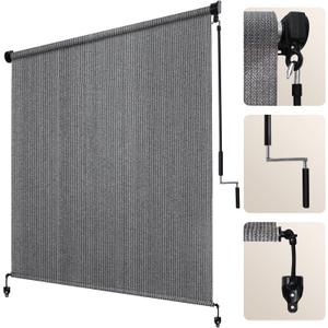 Artpuch Outdoor Roller Shade 7' W x 8' H, Gray Exterior Cordless Patio Shades Roll Up Blinds with Spliced Pole Design, (2 Poles, One-Piece Fabric), 84"W x 96"H