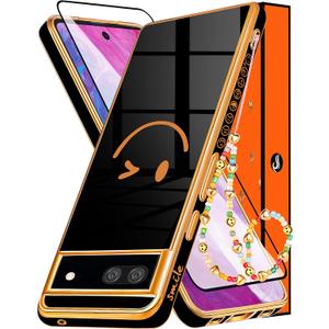 Buleens (3in1 Black Case for Google Pixel 6A 5G Cute Aesthetic Luxury Design Women Girly Cases Girl Gold Plated Pretty Phone Case+Screen Protector+Chain for Pixel 6A