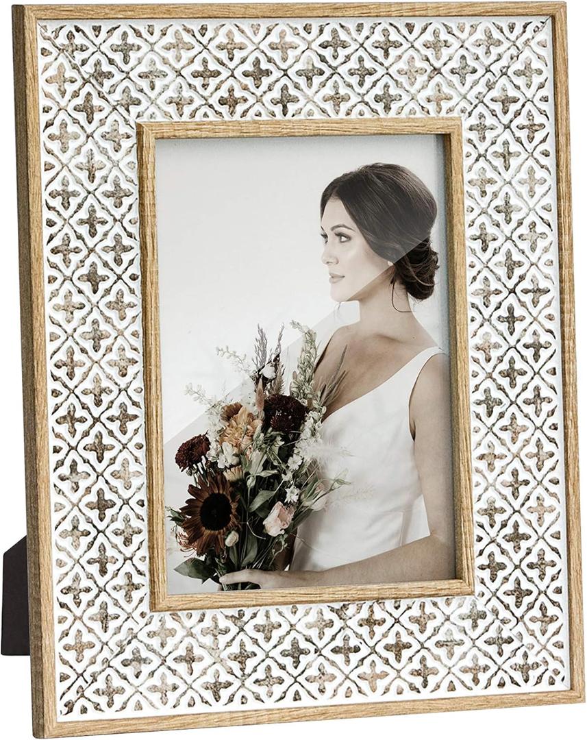 Afuly 5x7 Picture Frame Boho Picture Frames 3D Cross Pattern Distressed Moroccan Photo Frame Wall Desk Bohemia Home Office Decor Wedding Birthday Gifts for Mom Woman Grandma (brown&white)