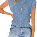 Langwyqu Womens Cap Sleeve Tops Summer Crew Neck Shirt Lightweight Crochet Knit Sweater (Blue)