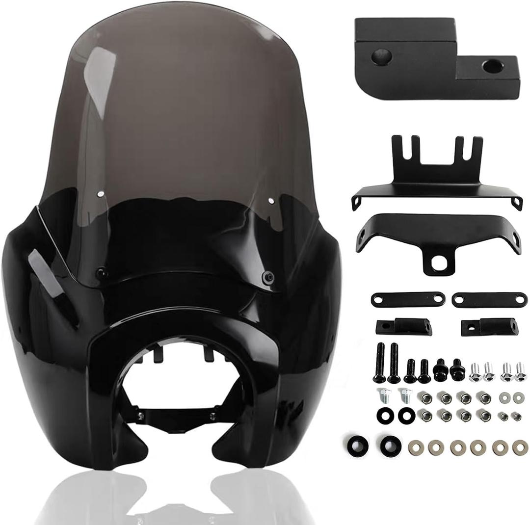 FATECIM Headlight Fairing with 15'' Smoke Windshield Windscreen for Harley Dyna T-Sport FXDXT FXD FXDC FXDB FXDL FXDLS