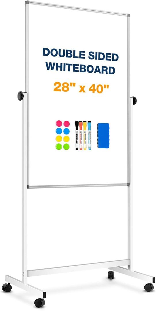 [15 Sq/ft] Large Double-Sided Rolling Whiteboard, 28"x40" Reversible Dry Erase Board with Stand, Magnetic White Board on Wheels, Standing Mobile Whiteboard, School Supplies, Classroom, Office, Home