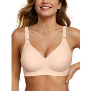 OEAK Womens Seamless Bras Jelly Comfortable Bra No Underwire Full Support Bra Push Up Plus Size V Neck Sleeping Tshirt Bras (Large, Nude)