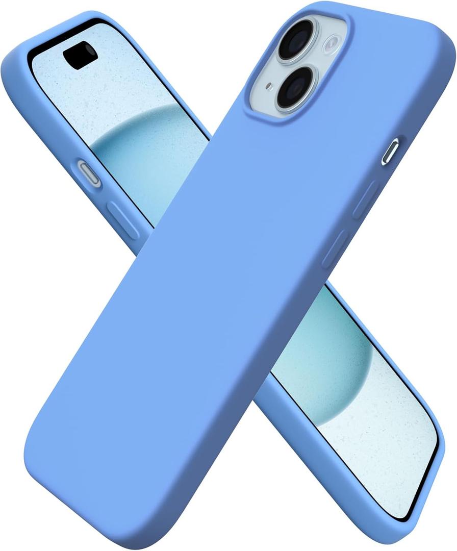 ORNARTO Compatible with iPhone 15 Case 6.1, Slim Liquid Silicone 3 Layers Full Covered Soft Gel Rubber Phone Case, Anti-Scratch Shockproof Protective Cover 6.1 Inch, Sky Blue
