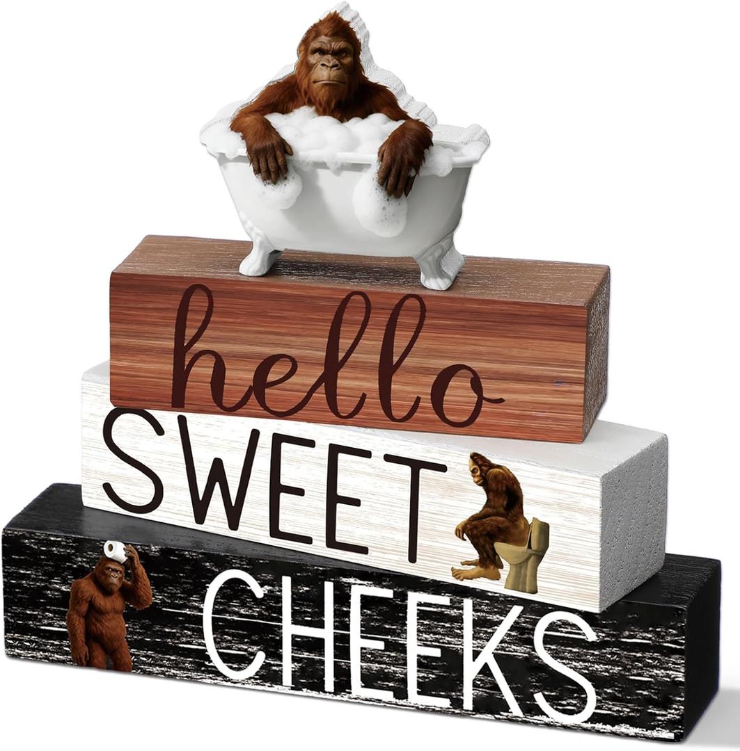 4 Pcs Funny Bigfoot Bathroom Decor Farmhouse Bathroom Decoration Western Hello Sweet Cheeks Table Centerpiece Gift for Christmas Valentines Back to School