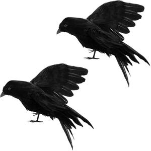 LWINGFLYER 4 pcs Black Feathered Crows Halloween Decoration Realistic Raven Handmade Artificial Birds Halloween Prop Decor Spooky Party Home Garden Decoration (Black Flying Crow)