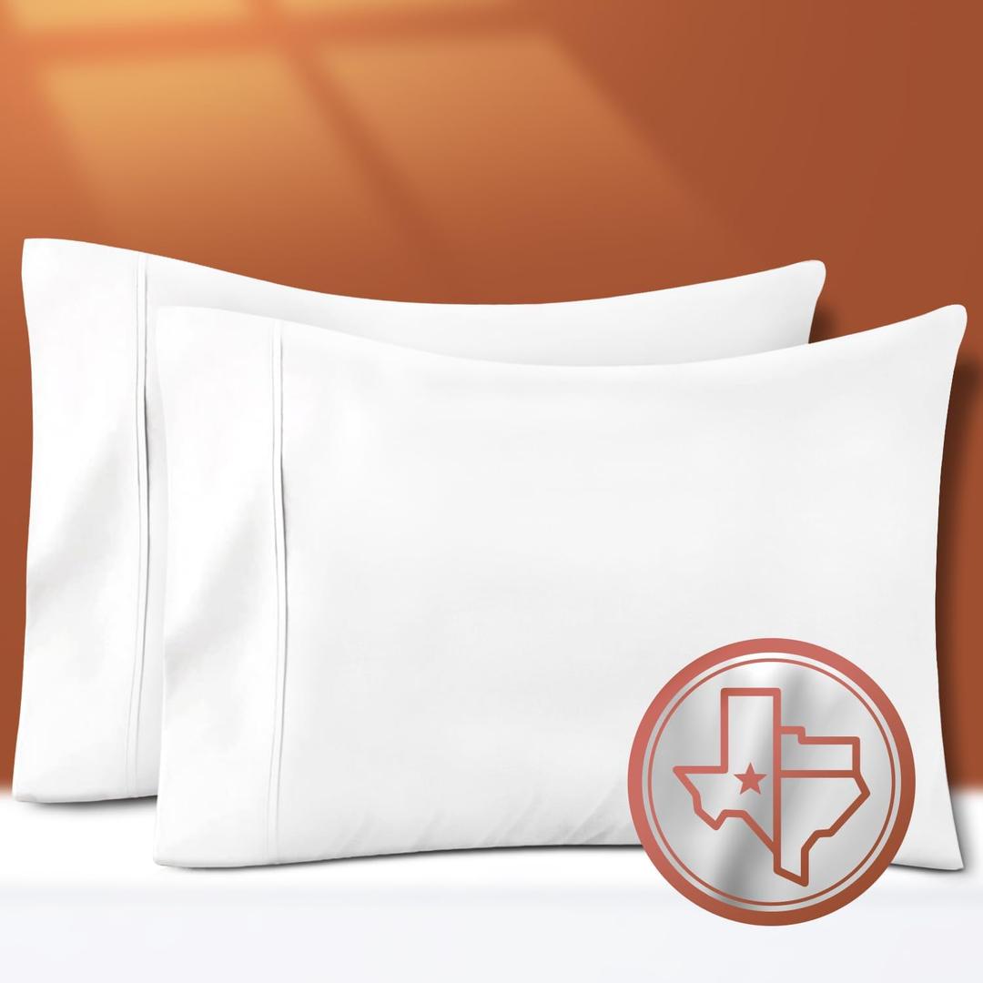 TEXAS LINEN CO. 100% Egyptian Cotton Pillow Cases Set of 2, Texan Talkin' Collection 600 Series Standard/Queen Pillowcase for Sleeping (White), Sateen Bed Pillow Cover, Extra Long Staple Pillowcases