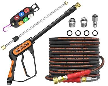 Heliwoo Pressure Washer Gun and Hose Kit, 50FT Kink Resistant 5/ 16 Power Washer Hose and Wand, 3/ 8" Swivel Quick Connector & M22-14mm Fitting, 4500 PSI