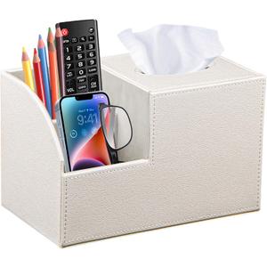 PU Leather Square Tissue Box Cover  MultiFunctional Tissue Box Holder, Tissue Box Cover with Storage,Tissue and Remote Control Holder, Cube Tissue Box Organizer Bedroom Nightstand End Table