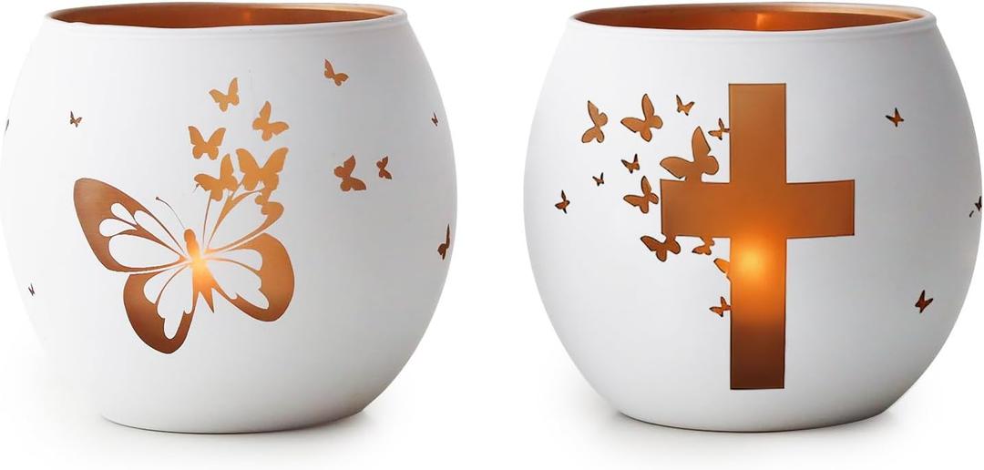 Religious Gifts for Women& Men, Set of 2 Butterfly Cross Tealight Candle Holders for Table Decor, Christian Baptism, Confirmation, Memorial, Easter Gift