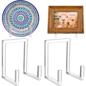 RattanView 2 Pcs Acrylic Plate Stand Clear Easel Stand for Display 8 Inch Acrylic Photo Frame Bowl Stands Holder Tall Clear Vinyl Record Storage Decor Plate Photo Book for Wedding Birthday Home Decor