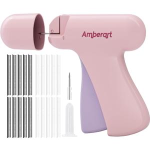 Stitch Gun for Clothes, Handheld Quick Clothing Fixer, Mini Sewing Kit, Tag Gun Includes 2 Needles, 1000 Black Fasteners & 1000 White Fasteners (Pink)