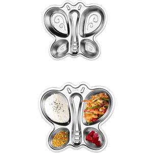 2-Piece Stainless Steel Divided Plates, Stainless Steel Plates for Kids, Butterfly-Shaped 4-Section Lunch Trays, easy to clean, Suitable for Home, Camping, Picnics and Parties  (Butterfly B)