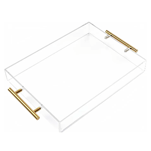 12"x12" Clear Acrylic Serving Tray with Golden Handles, Sturdy Huge Capacity Acrylic Trays for Coffee, Juice, Kitchen and Desk Organizer, Storage Tray (12"x12")